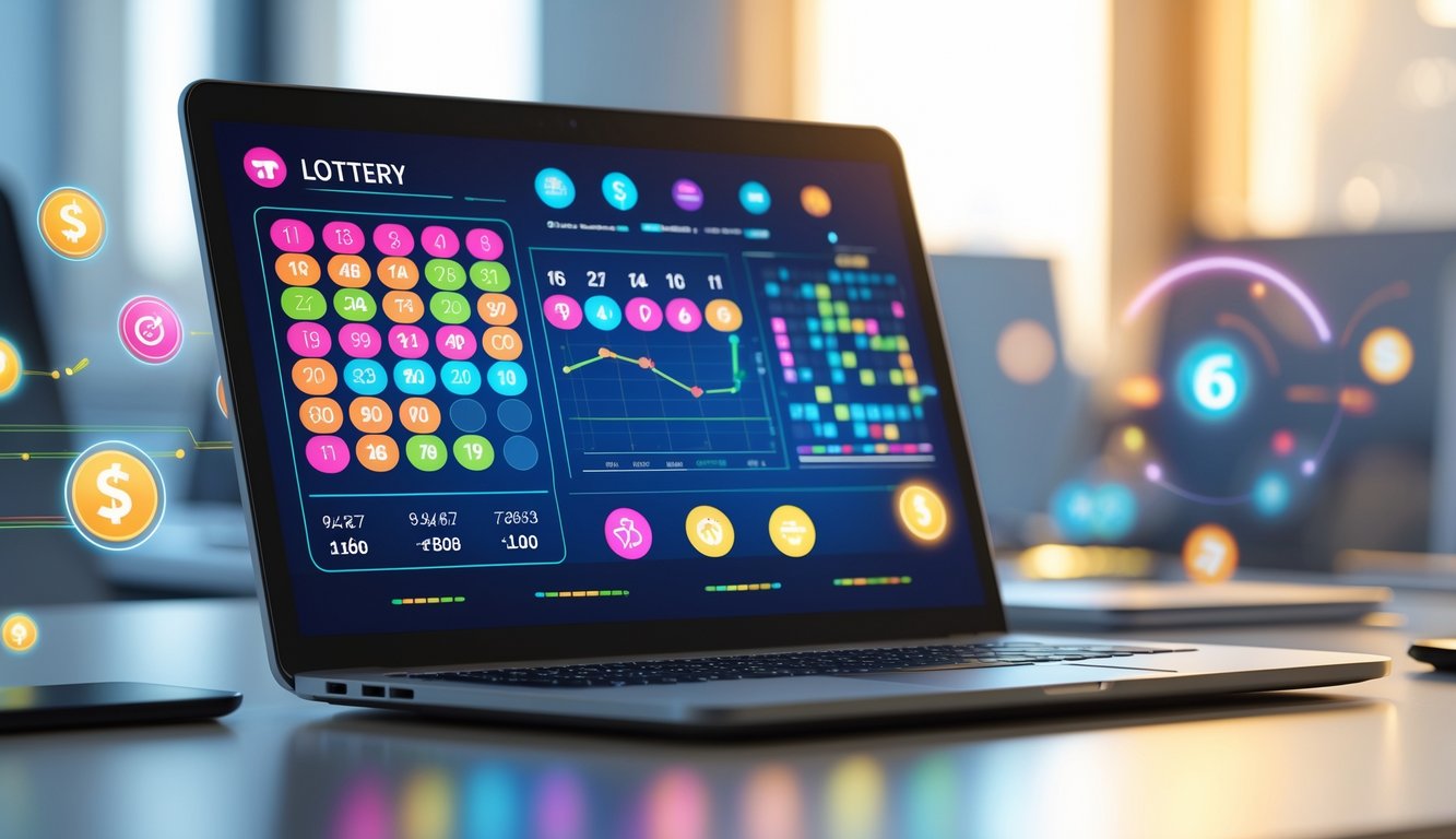 Meja kerja dengan laptop yang menampilkan antarmuka lotere online, dengan latar belakang kantor yang rapi dan pencahayaan hangat.