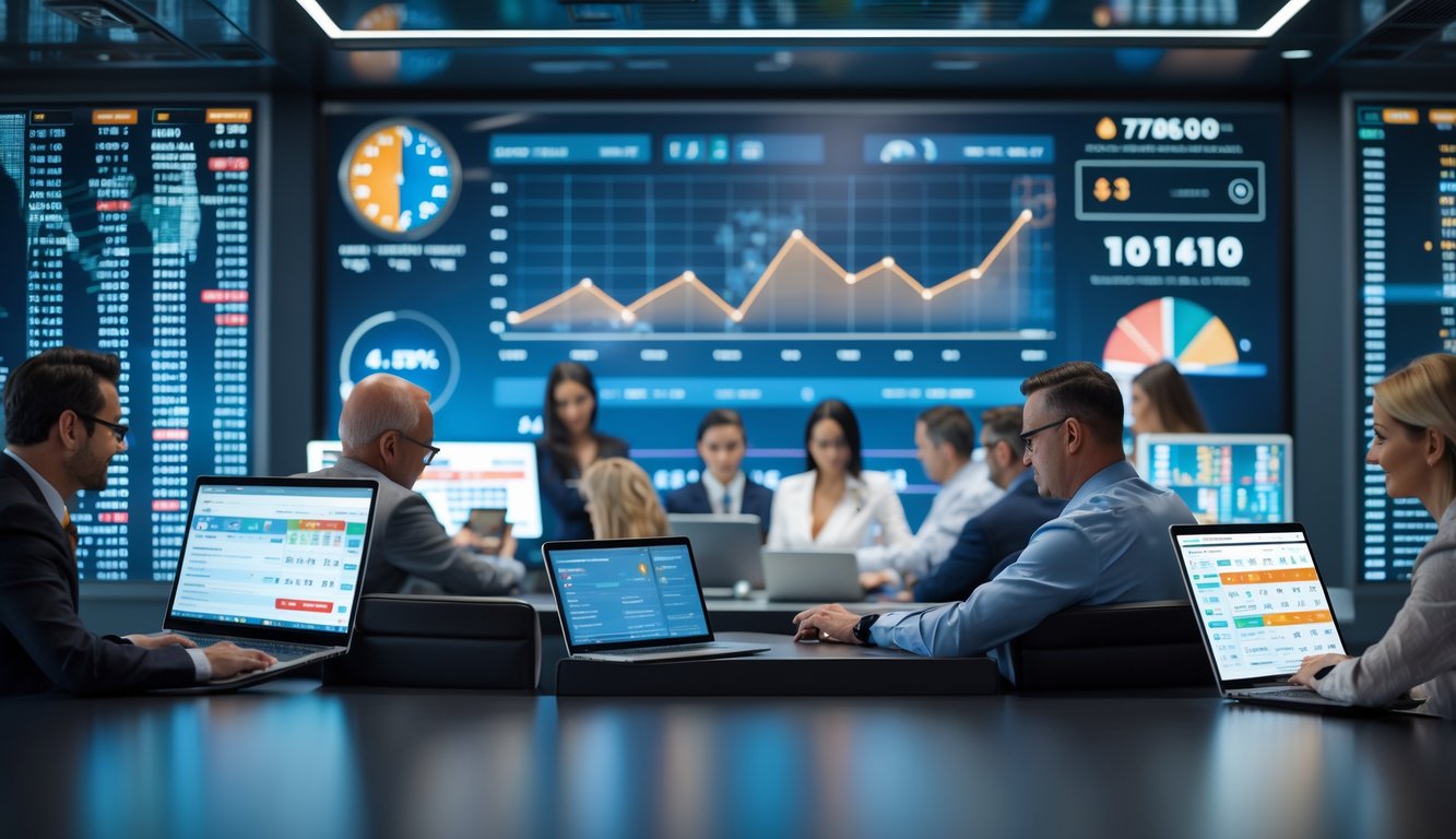 Orang-orang sedang menggunakan komputer dan tablet di kantor modern dengan layar digital menampilkan angka lotere dan data waktu nyata.