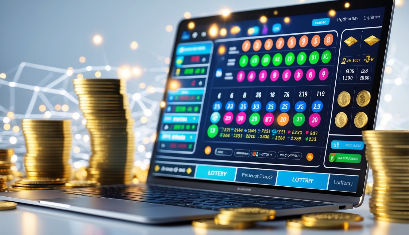 Seseorang menggunakan perangkat digital yang menampilkan antarmuka lotere online dengan tumpukan uang dan koin emas di sekitarnya.