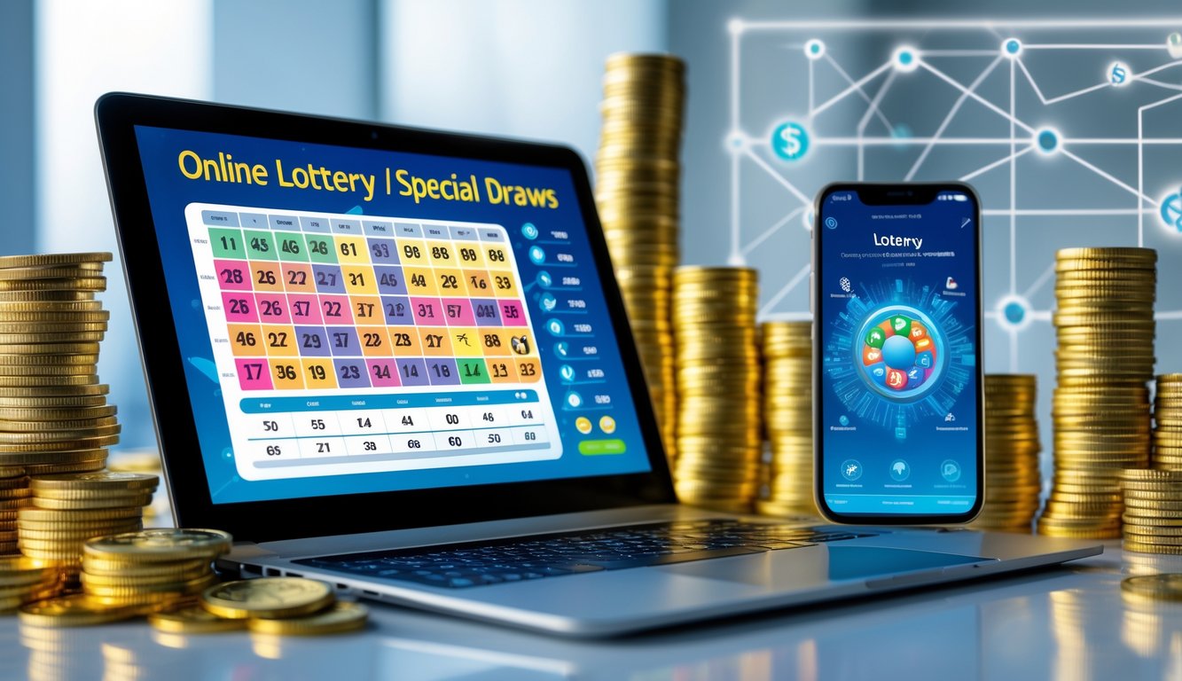 Meja kerja modern dengan laptop yang menampilkan angka togel dan grafik, dikelilingi uang dan koin emas, serta ponsel dengan aplikasi togel.