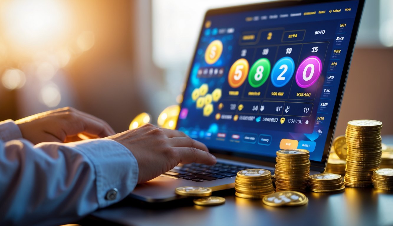 Tangan seseorang menggunakan laptop dengan tampilan antarmuka undian togel online dan koin emas di sekitar meja.