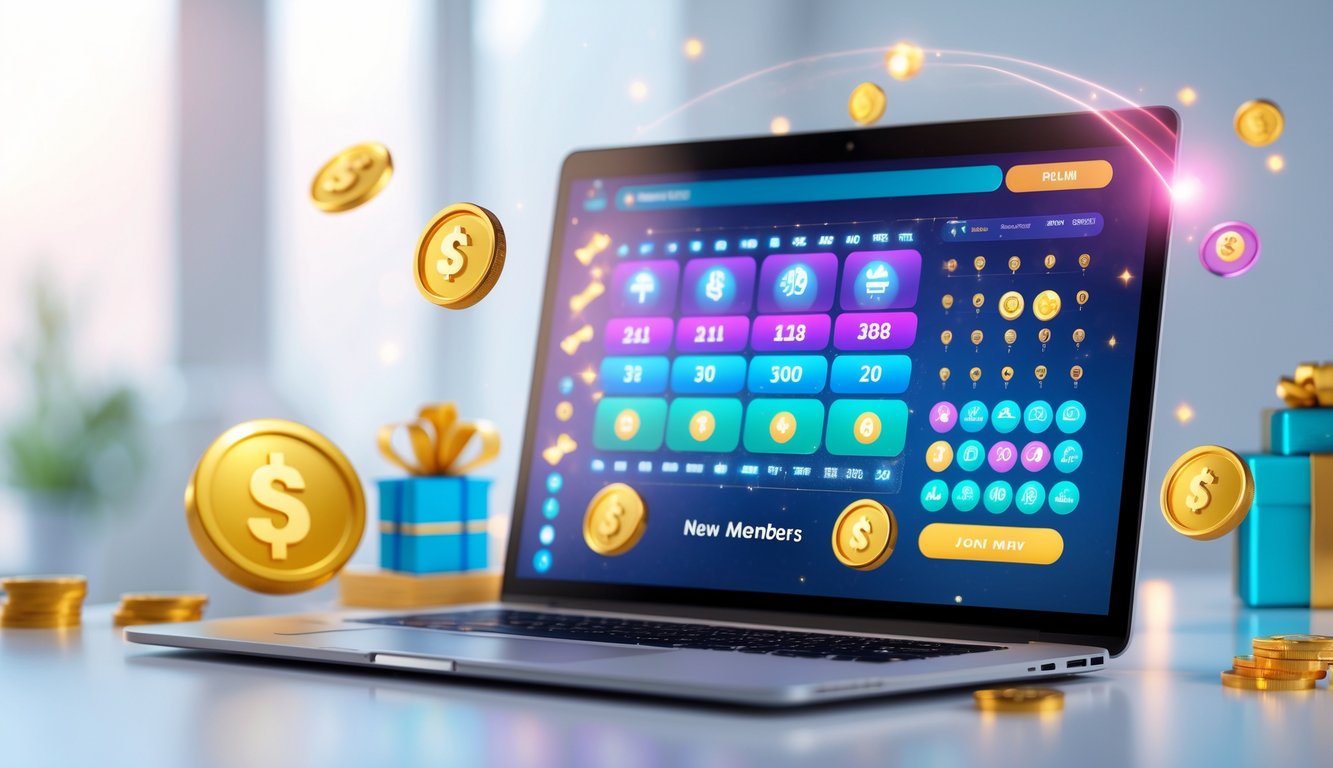 Orang menggunakan laptop dengan tampilan antarmuka lotere online berwarna-warni dan ikon bonus di meja yang bersih.