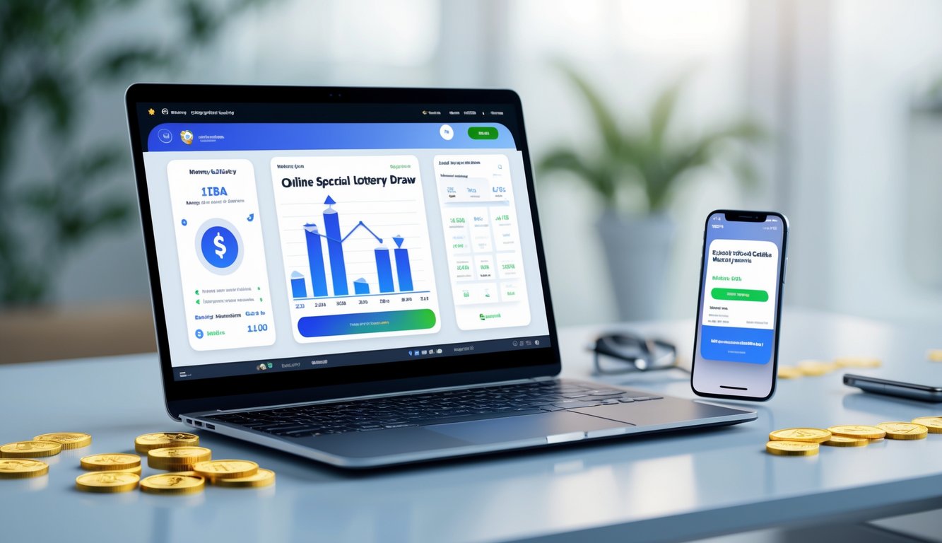 Seorang pengguna sedang menggunakan laptop dan ponsel untuk bermain lotere online dengan suasana kerja yang modern dan rapi.