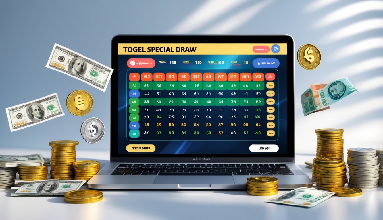 Seseorang menggunakan laptop dengan tampilan layar permainan togel online, dikelilingi oleh tumpukan koin dan uang kertas.