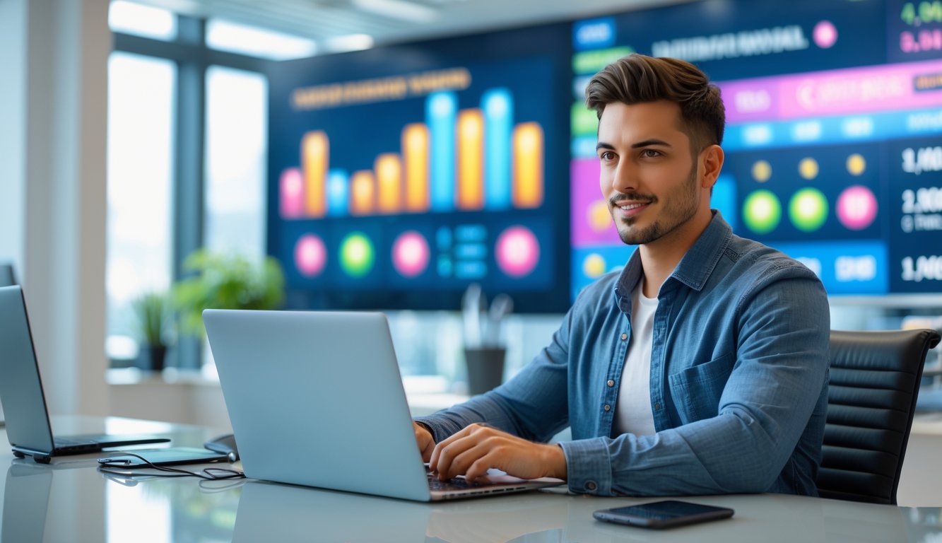 Seorang pria muda duduk di meja kerja dengan laptop dan ponsel, menampilkan grafik dan angka yang menunjukkan aktivitas togel online dan penarikan cepat.