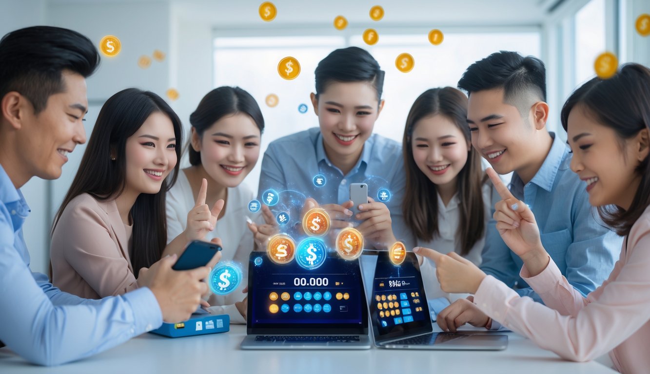 Beberapa orang muda menggunakan perangkat digital di ruangan modern dengan ekspresi senang dan suasana sukses.