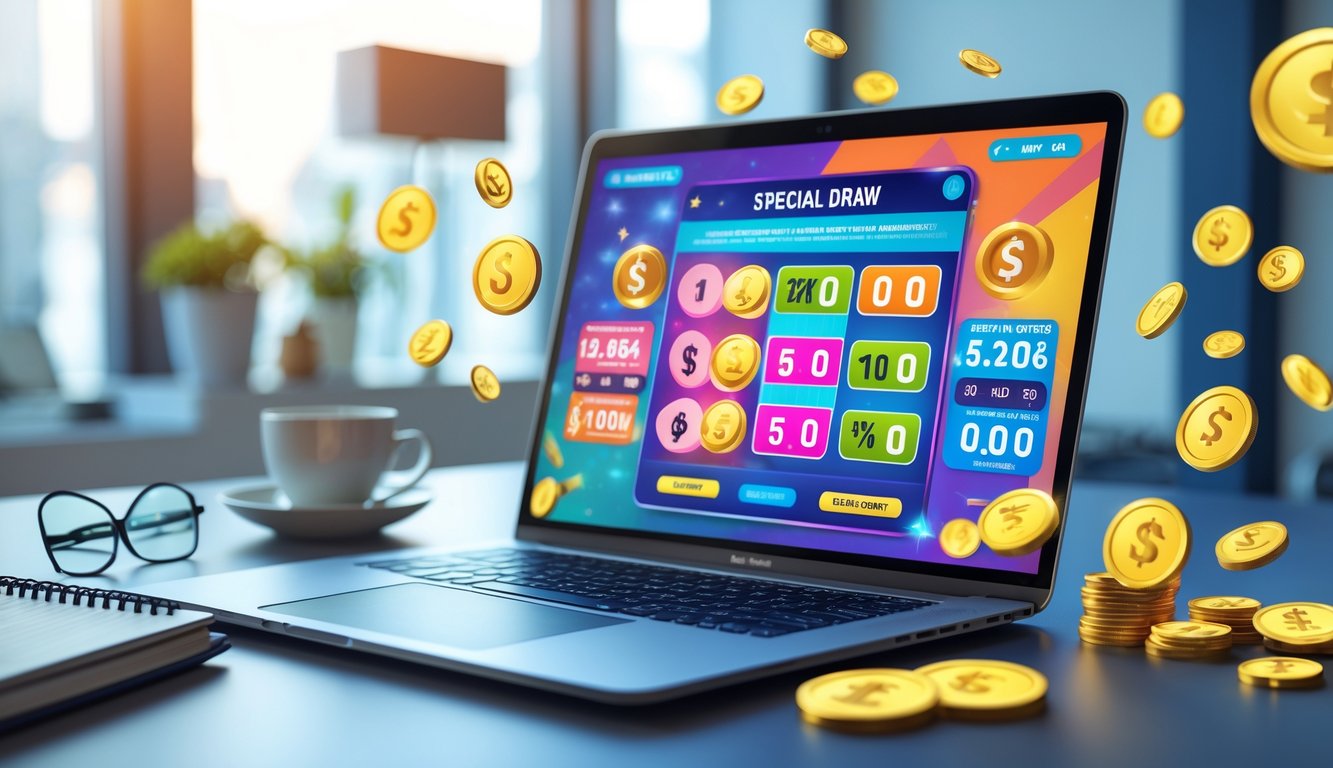 Seorang pengguna menggunakan laptop dengan tampilan layar undian togel online, dikelilingi oleh elemen yang melambangkan diskon dan cashback.