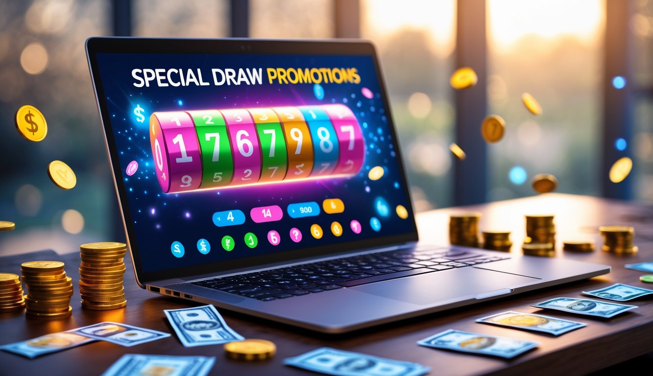 Seorang pengguna duduk di depan laptop dengan tampilan permainan lotere online, dikelilingi oleh uang dan simbol cashback.