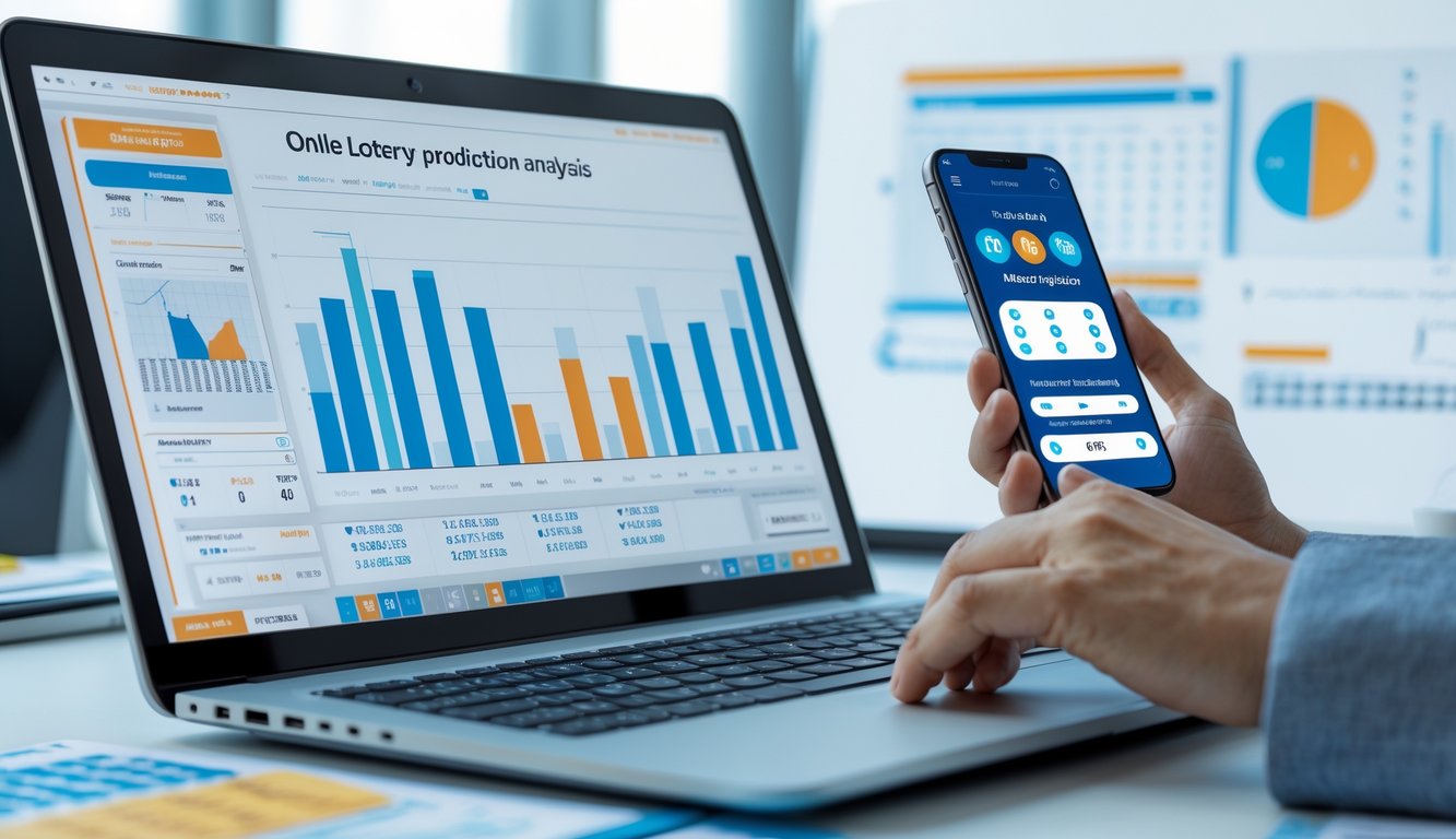 Seseorang menggunakan laptop dan ponsel di meja kerja dengan grafik dan data prediksi togel terbaru.