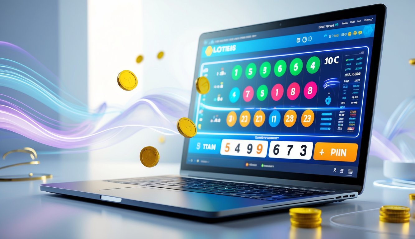 Seorang pengguna komputer dengan layar menampilkan antarmuka lotere online yang cerah dan modern, menunjukkan suasana permainan lotere daring yang lancar dan stabil.