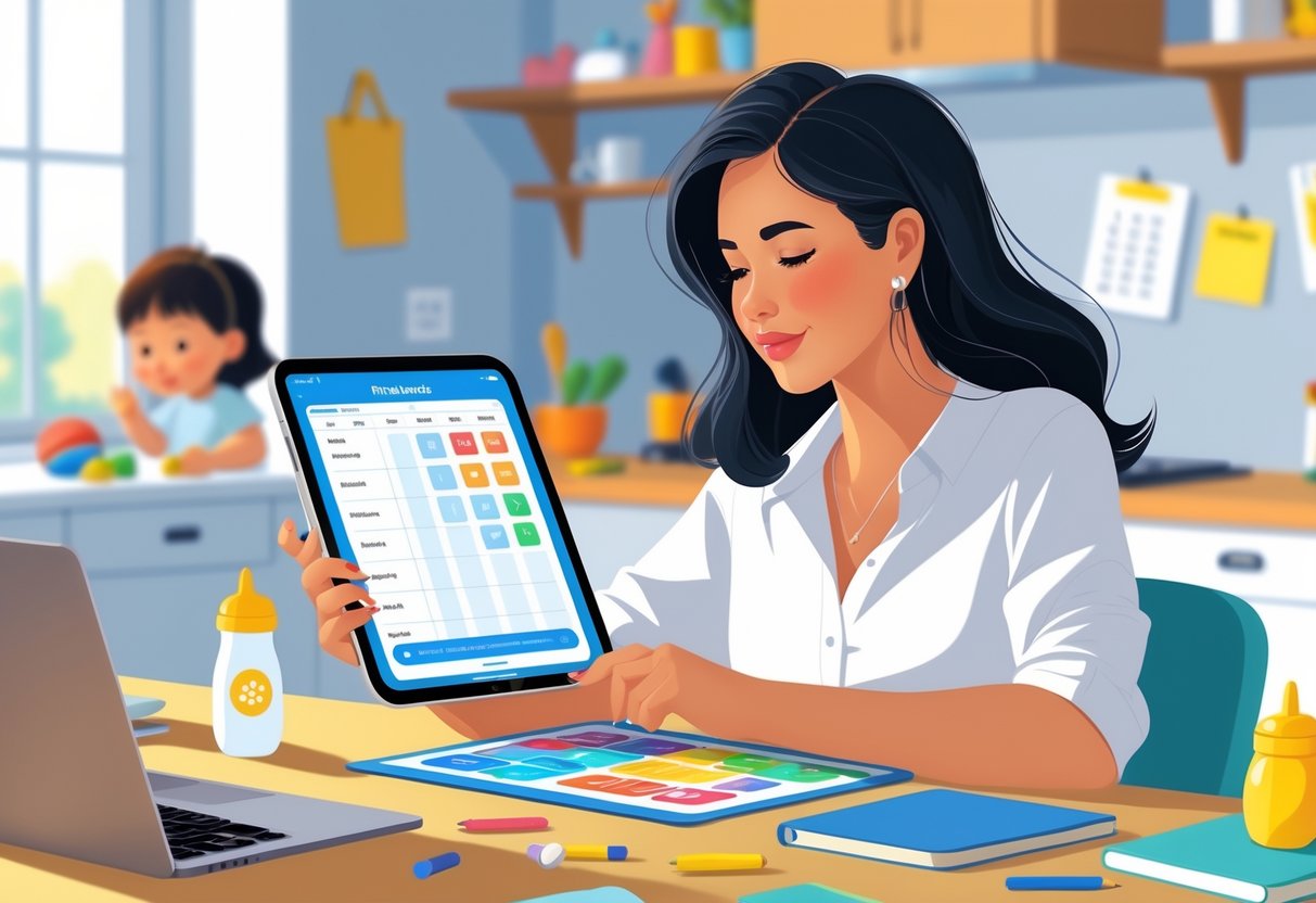 A busy mom using a digital planner app on an iPad Mini at a kitchen table, surrounded by family items in a cozy home setting.
