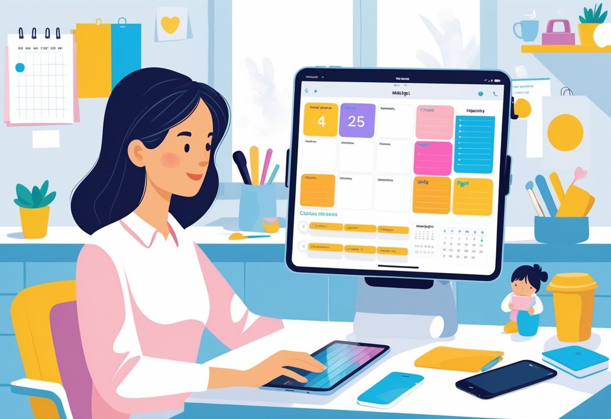 A busy mom using an iPad Mini with a digital planner app while sitting at a desk in a bright home setting, with a toddler nearby and various items like a coffee cup and calendar around her.