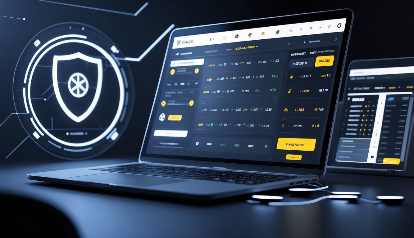 Seorang pria menggunakan laptop dengan layar menampilkan antarmuka taruhan olahraga sepak bola, dikelilingi ikon perisai dan jam 24 jam.