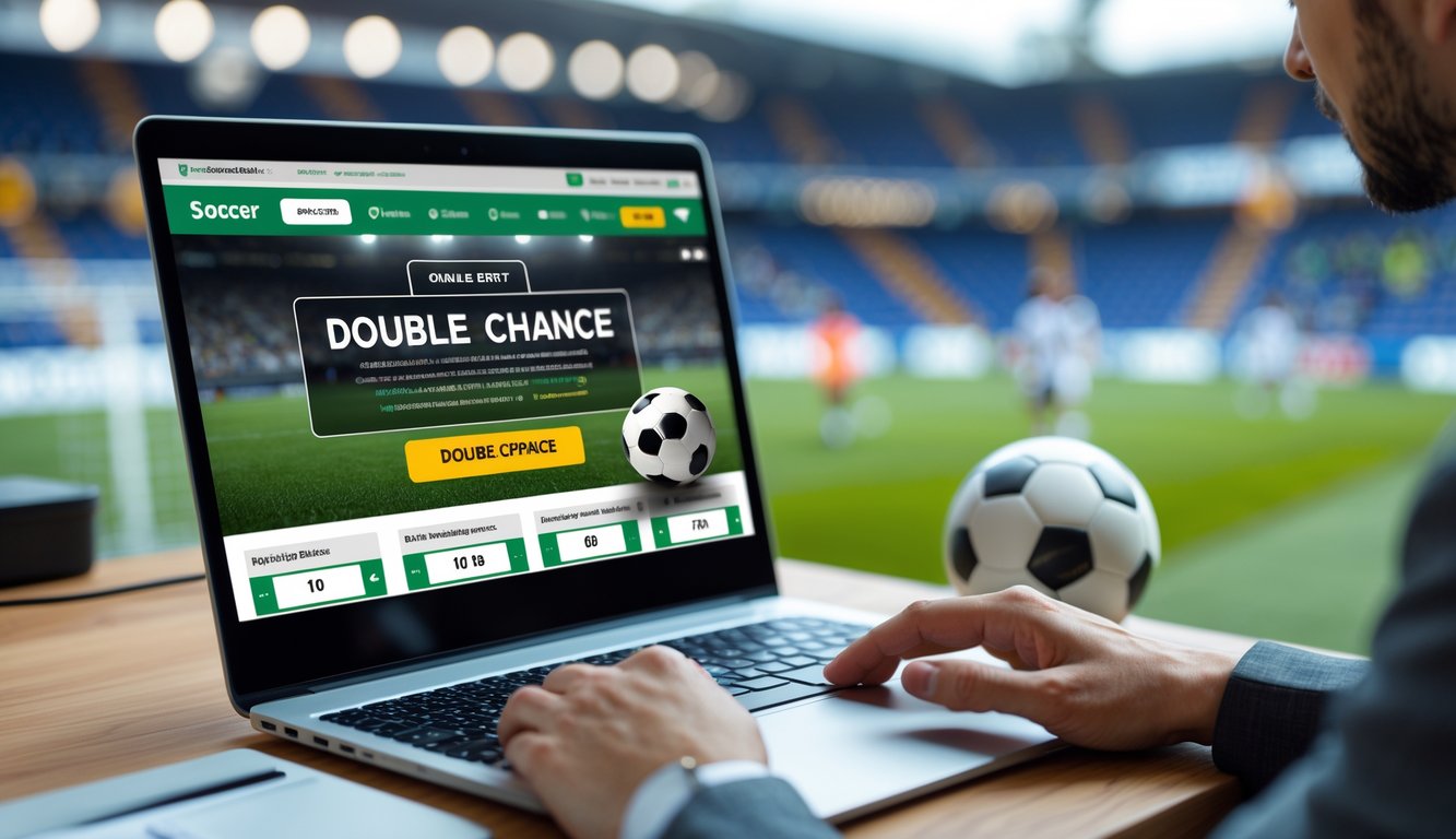 Seorang pengguna sedang melihat layar komputer dengan situs taruhan bola online yang menampilkan opsi taruhan Double Chance, dengan bola sepak di meja dan latar belakang stadion sepak bola.