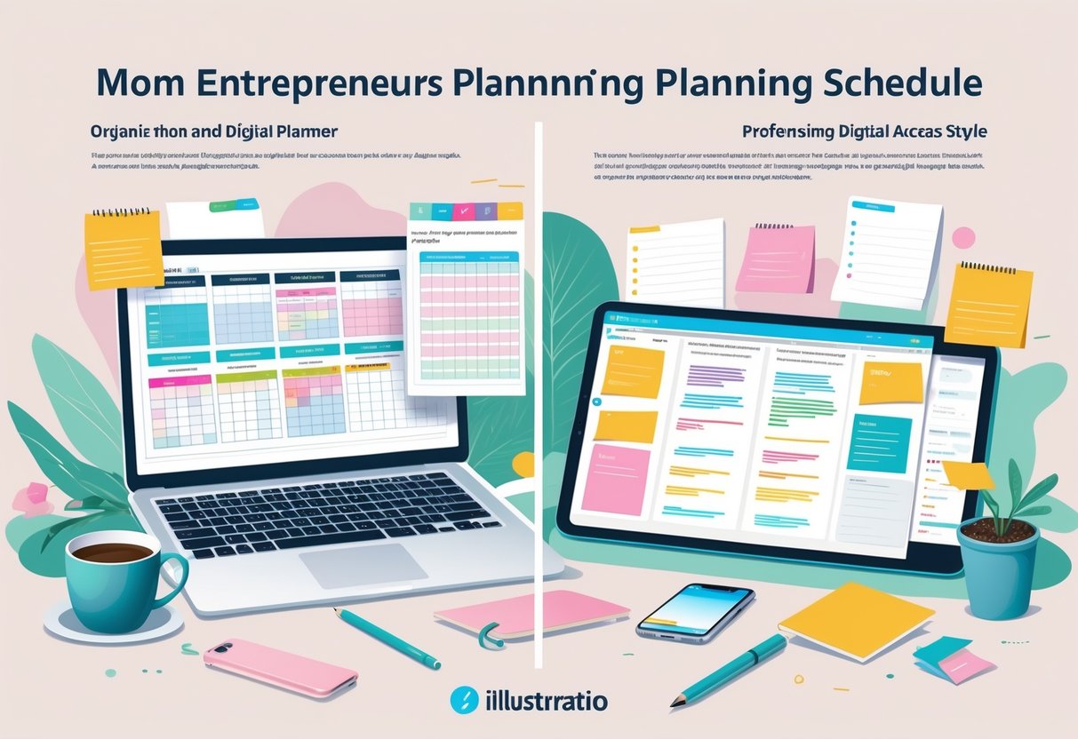 A split scene showing two workspaces: one with a structured digital planner on a laptop and the other with a quick-access note-taking app on a tablet, both set in a cozy home office environment.