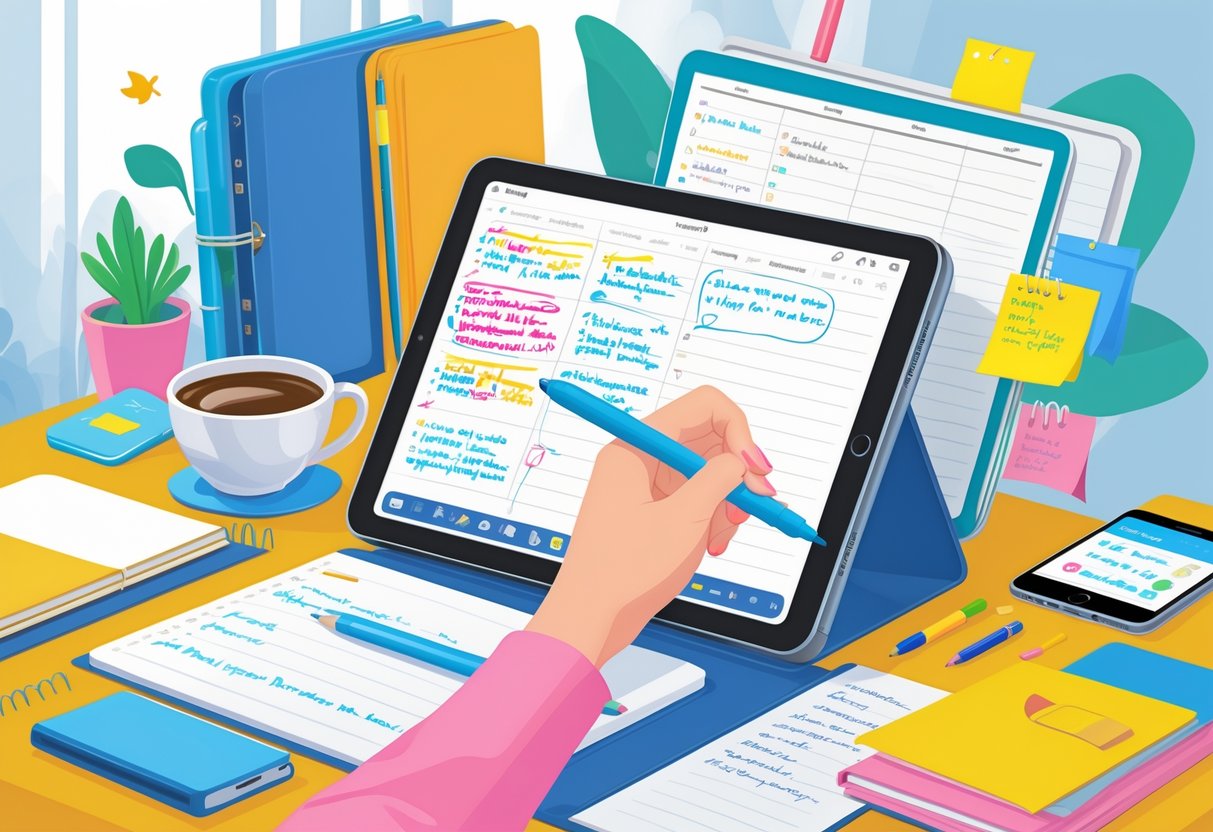 A workspace with a tablet showing handwritten notes and annotations, surrounded by planning tools like a planner, coffee cup, smartphone, and pens.