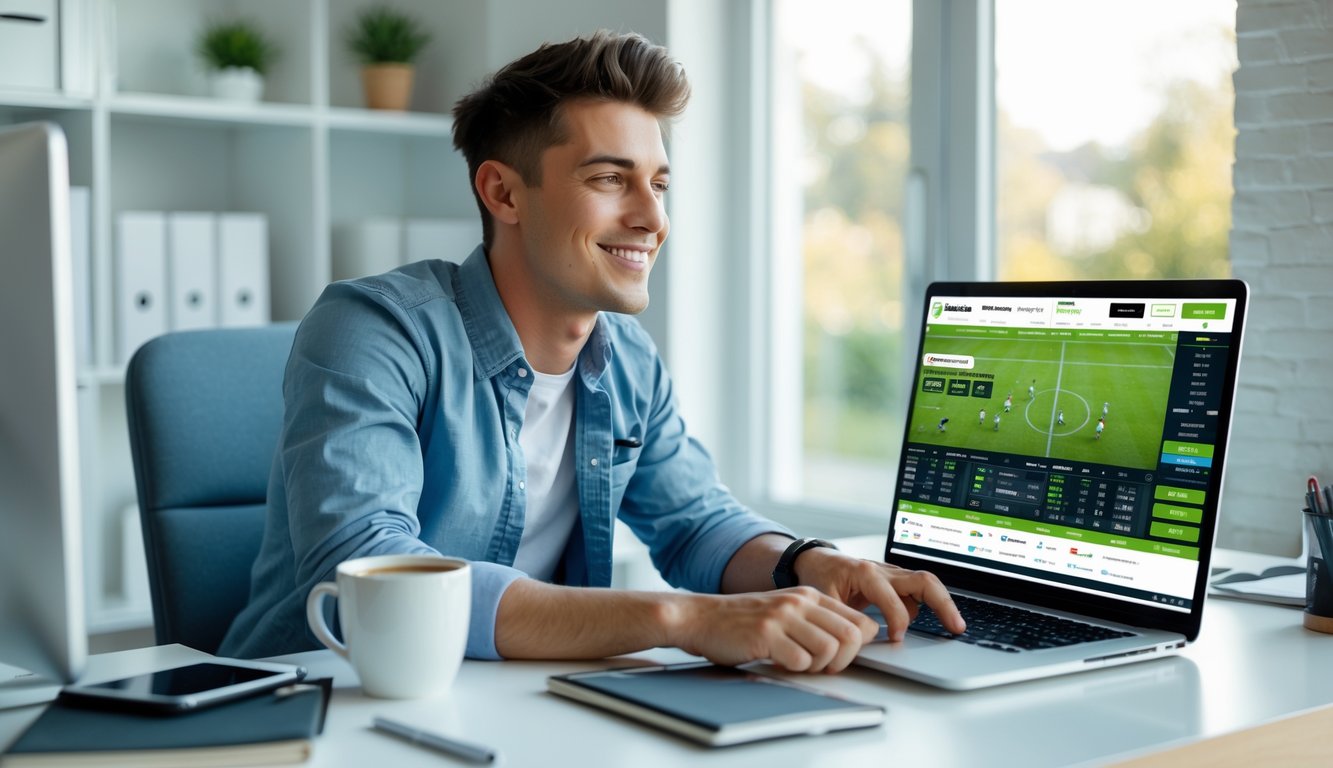Seorang pria muda duduk di meja kerja dengan laptop, fokus melihat situs taruhan olahraga online di ruangan yang terang dan rapi.