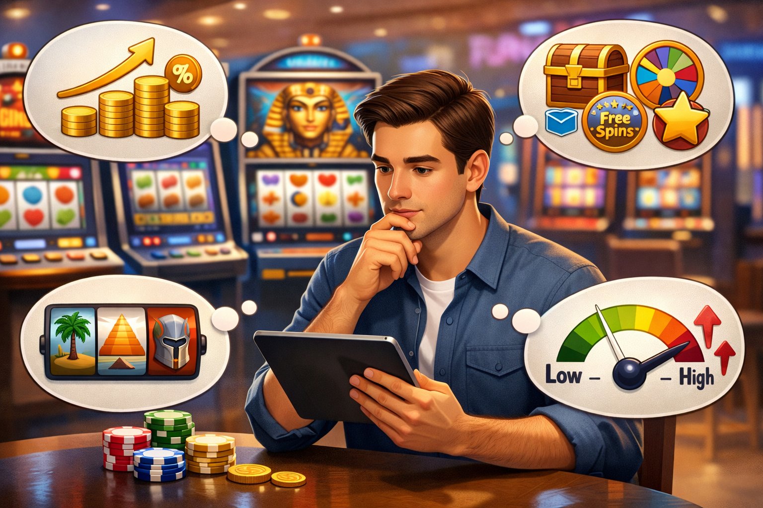 A Person Looking At A Tablet With Various Slot Machines And Icons Representing Game Features Around Them.