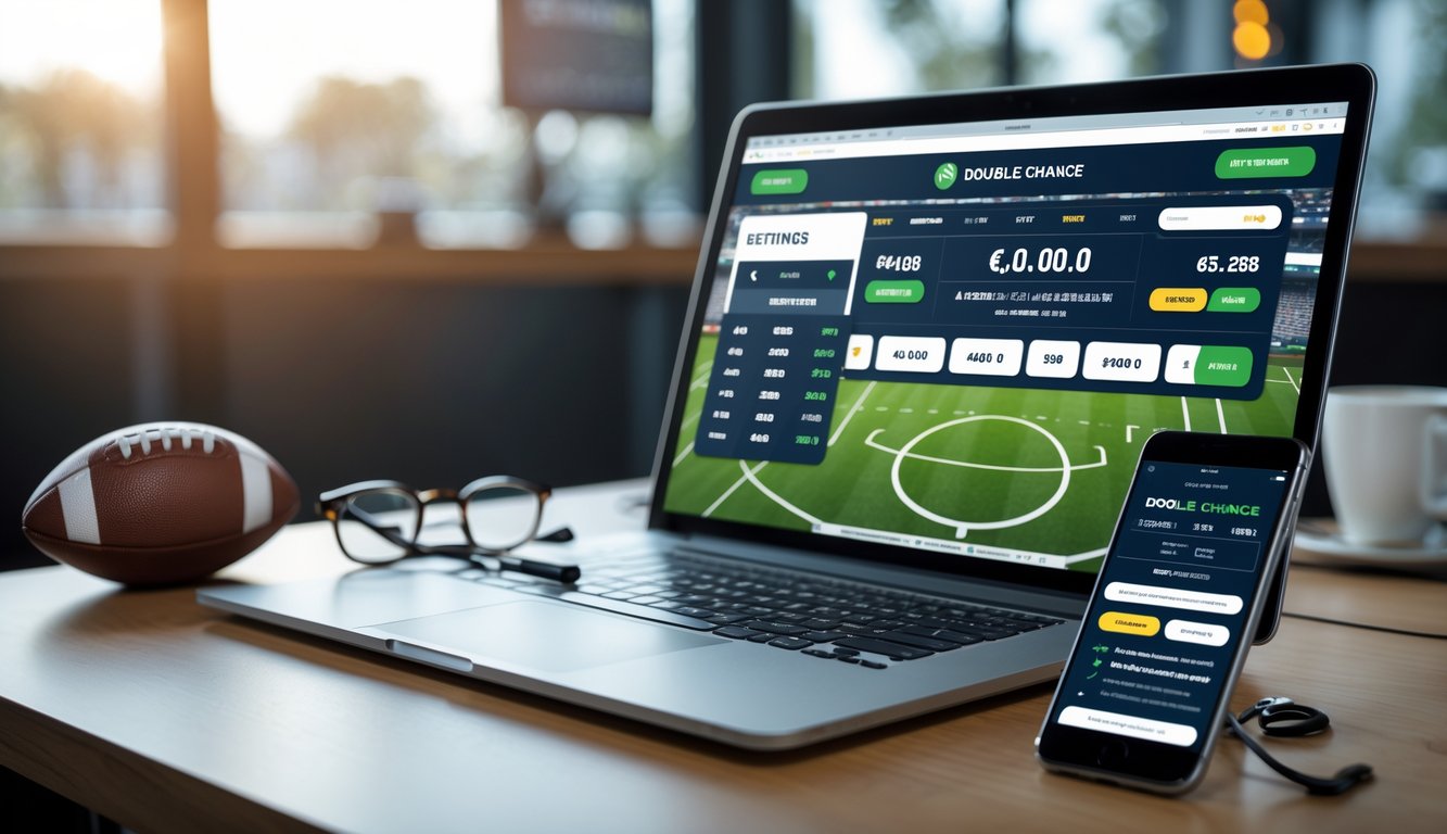 Meja kerja dengan laptop dan ponsel yang menampilkan aplikasi taruhan bola, di samping bola kecil dan cangkir kopi.