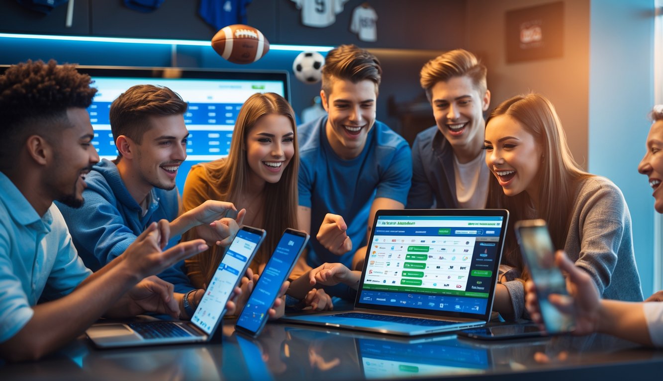 Sekelompok orang muda menggunakan perangkat digital untuk taruhan olahraga online di ruangan modern dengan perlengkapan olahraga di latar belakang.