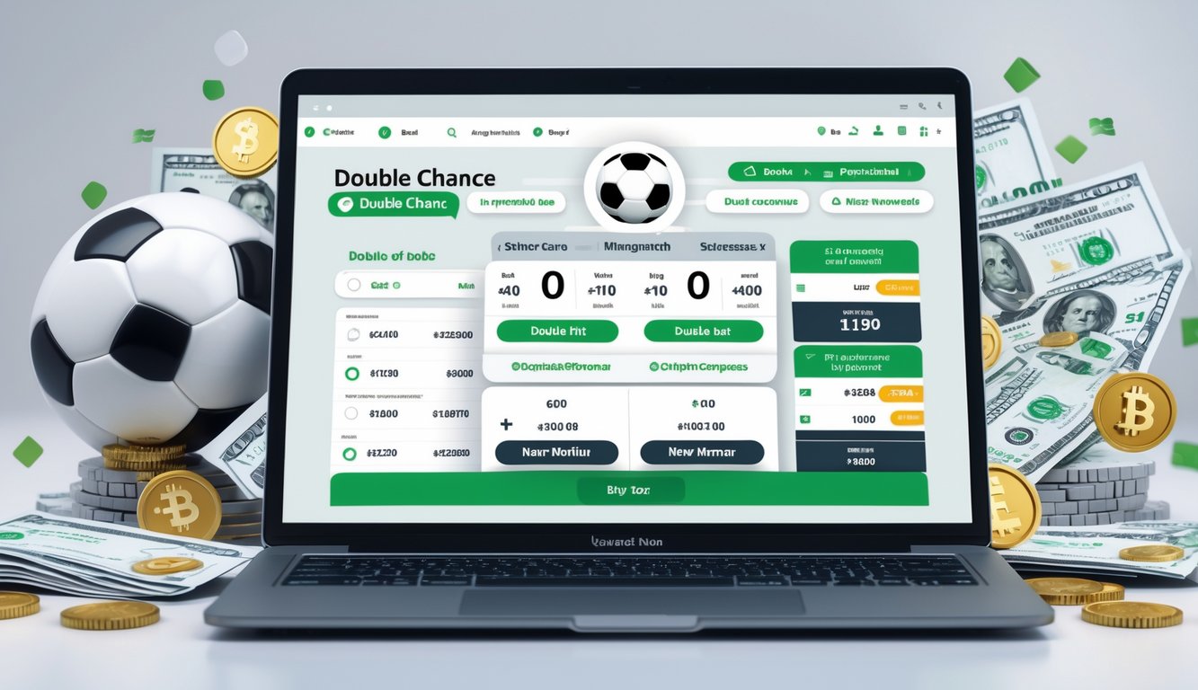 Seorang pengguna sedang melihat layar komputer dengan tampilan situs taruhan bola online, dikelilingi bola sepak dan simbol taruhan.
