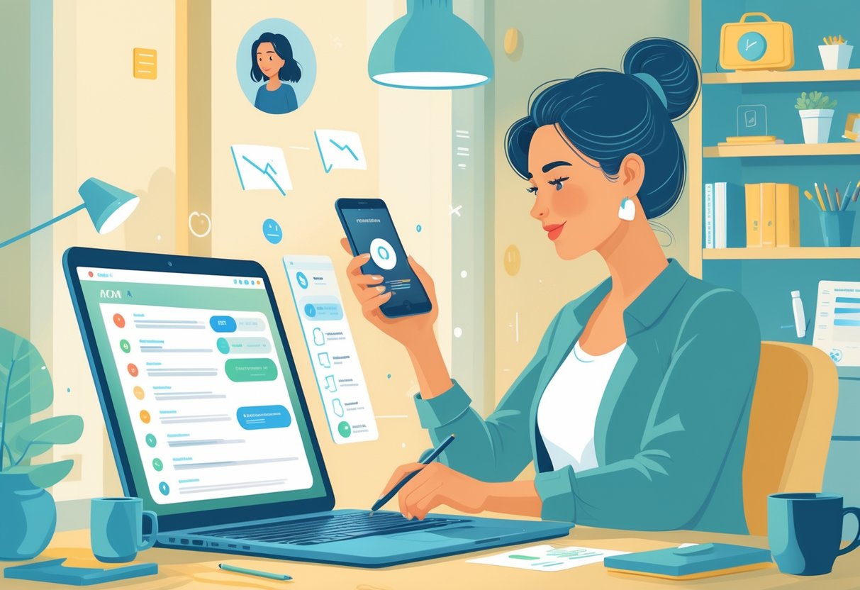 A mom working at a home office desk using a tablet while managing family tasks, with a child playing nearby.