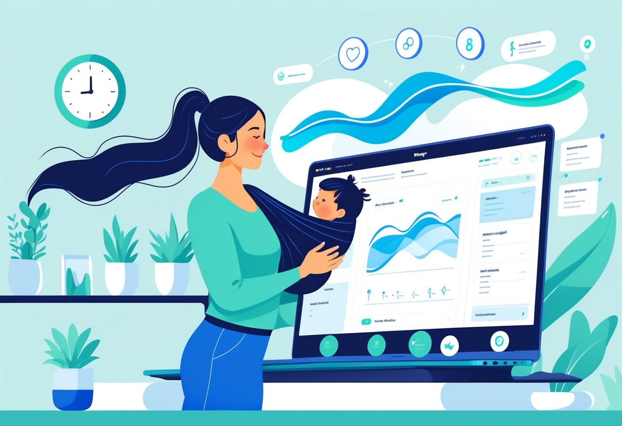 A mompreneur working in a home office with a laptop showing an AI task manager interface, holding a baby while organizing tasks.