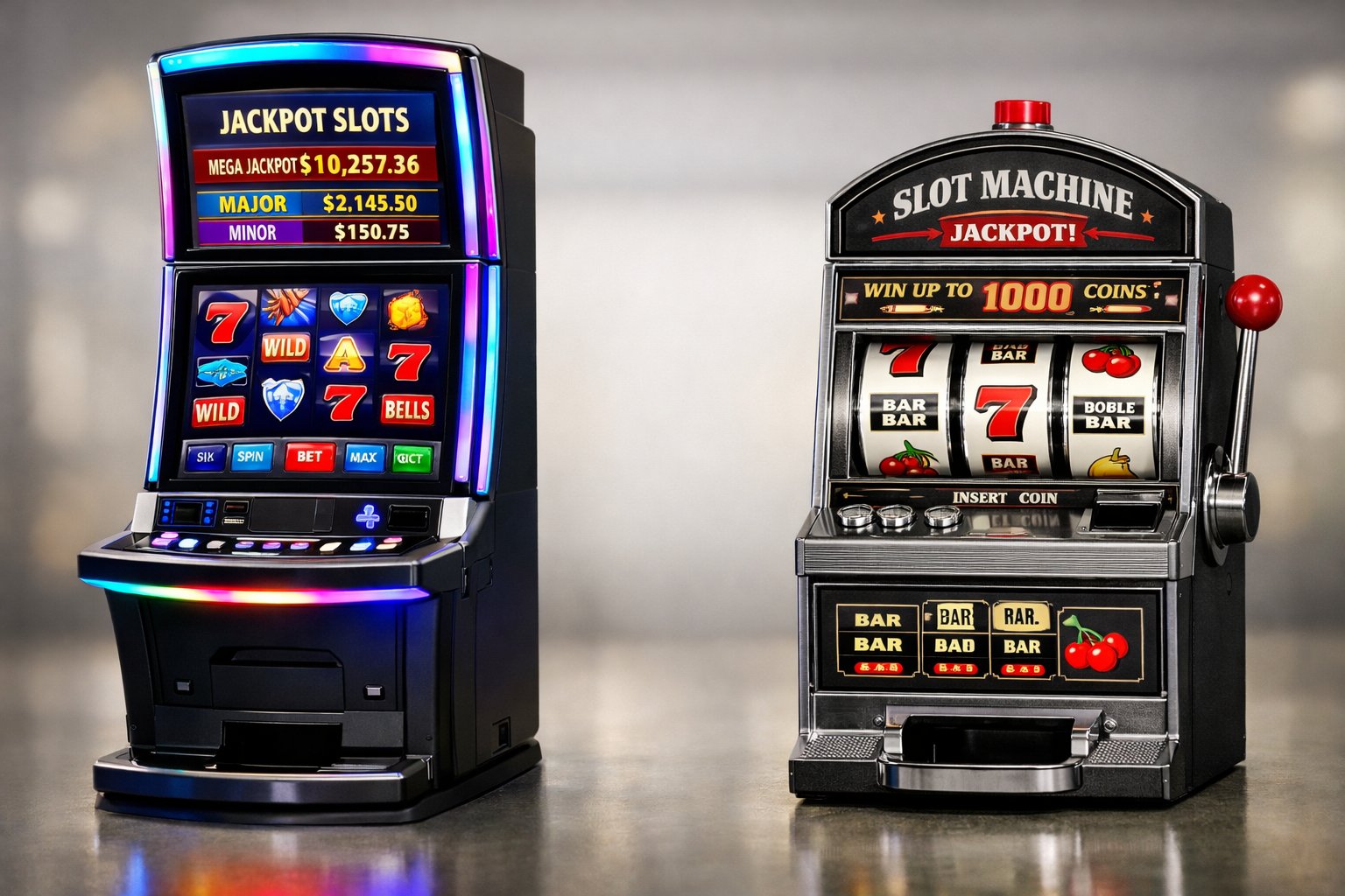 Two Slot Machines Side By Side, One Modern Video Slot With Digital Reels And Payout Charts, The Other Classic Slot With Mechanical Reels And Coins, Illustrating A Comparison Of Payouts And Bankroll.