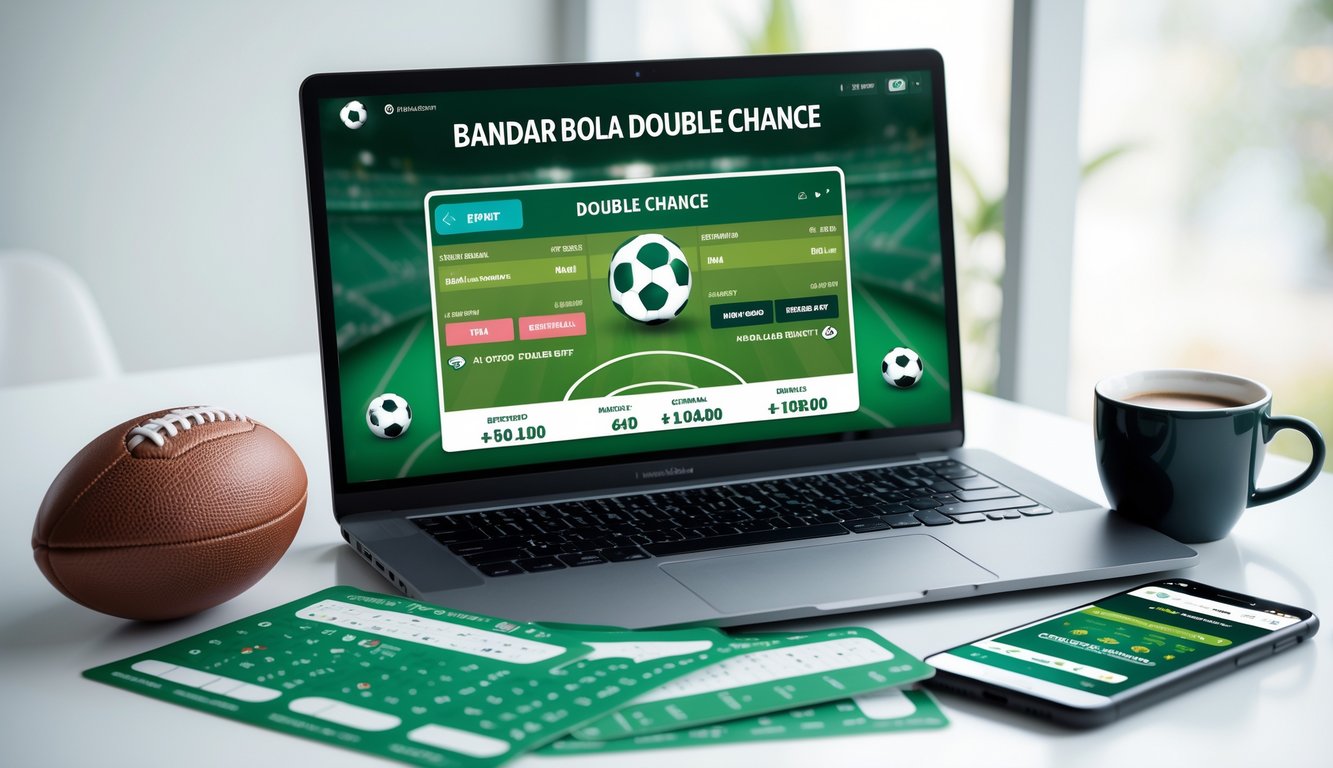 Meja kerja dengan laptop yang menampilkan antarmuka taruhan bola online, bola sepak, ponsel dengan aplikasi taruhan, dan secangkir kopi.