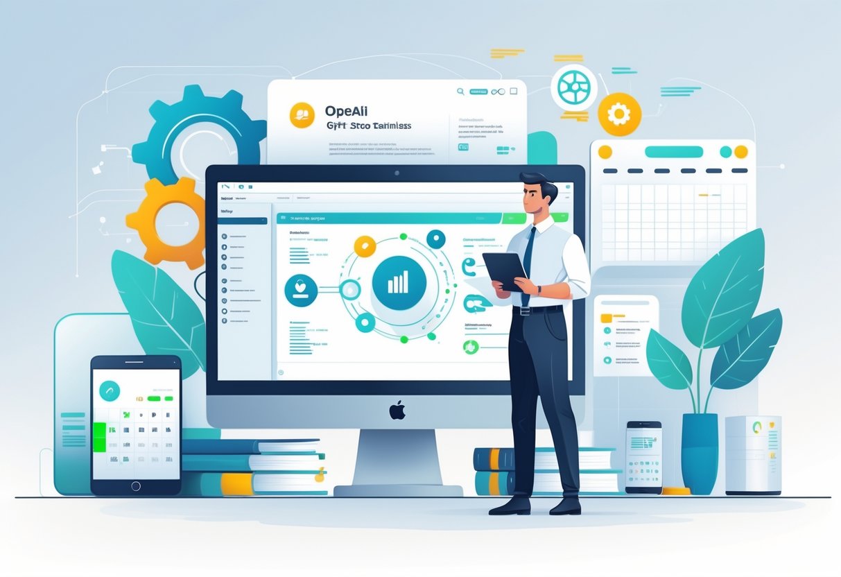 A small business owner working at a laptop with icons of gears, checklists, and flowcharts around the screen, symbolizing task automation in a tidy office setting.