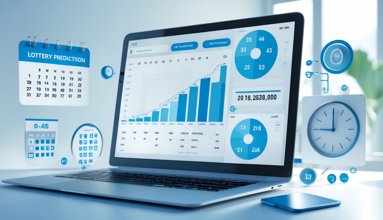 Seorang pria menggunakan komputer dengan layar menampilkan grafik dan angka prediksi togel, dikelilingi ikon kalender dan jam, di ruang kerja yang bersih dan terang.