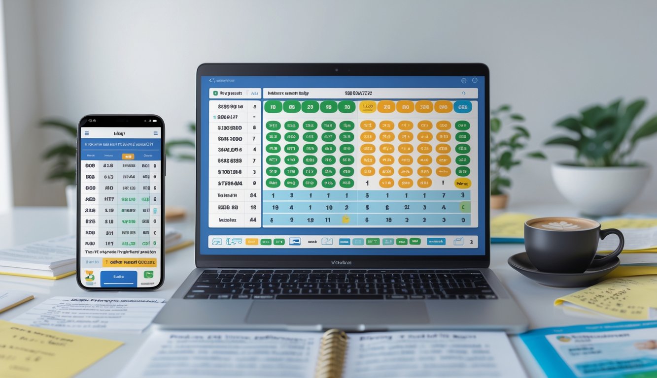 Seorang profesional sedang bekerja dengan laptop yang menampilkan angka togel dan grafik, dikelilingi oleh catatan dan ponsel dengan suasana kerja yang fokus.