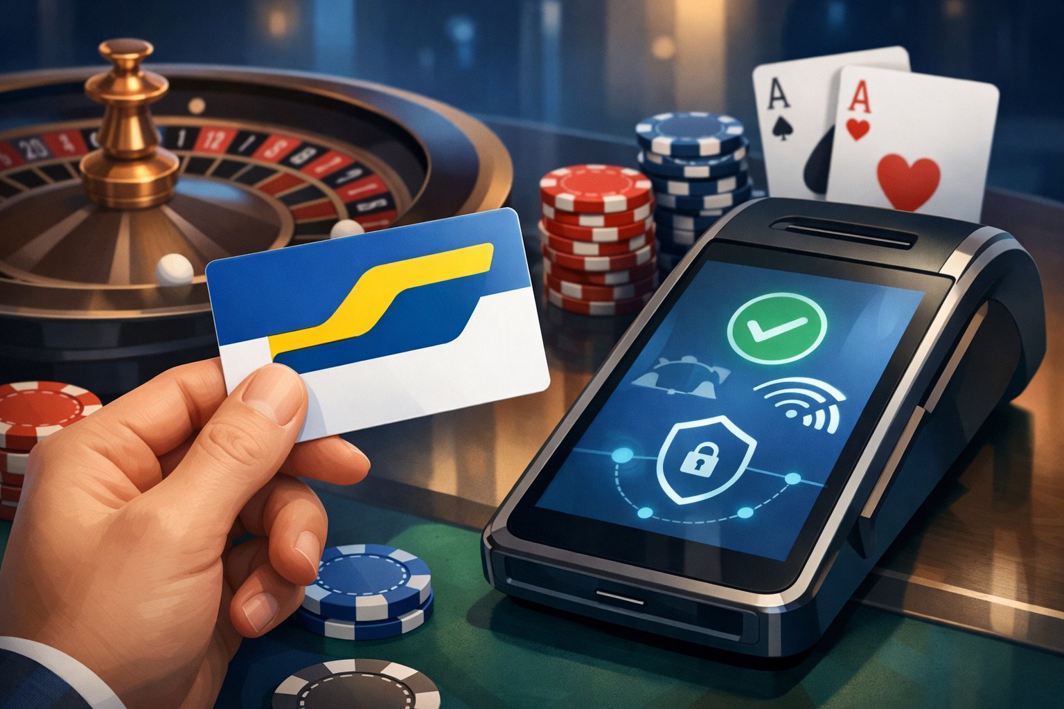 A Hand Holding A Bancontact Card In A Casino Setting With Poker Chips, Playing Cards, And A Roulette Wheel In The Background, Showing A Digital Payment Terminal Nearby.