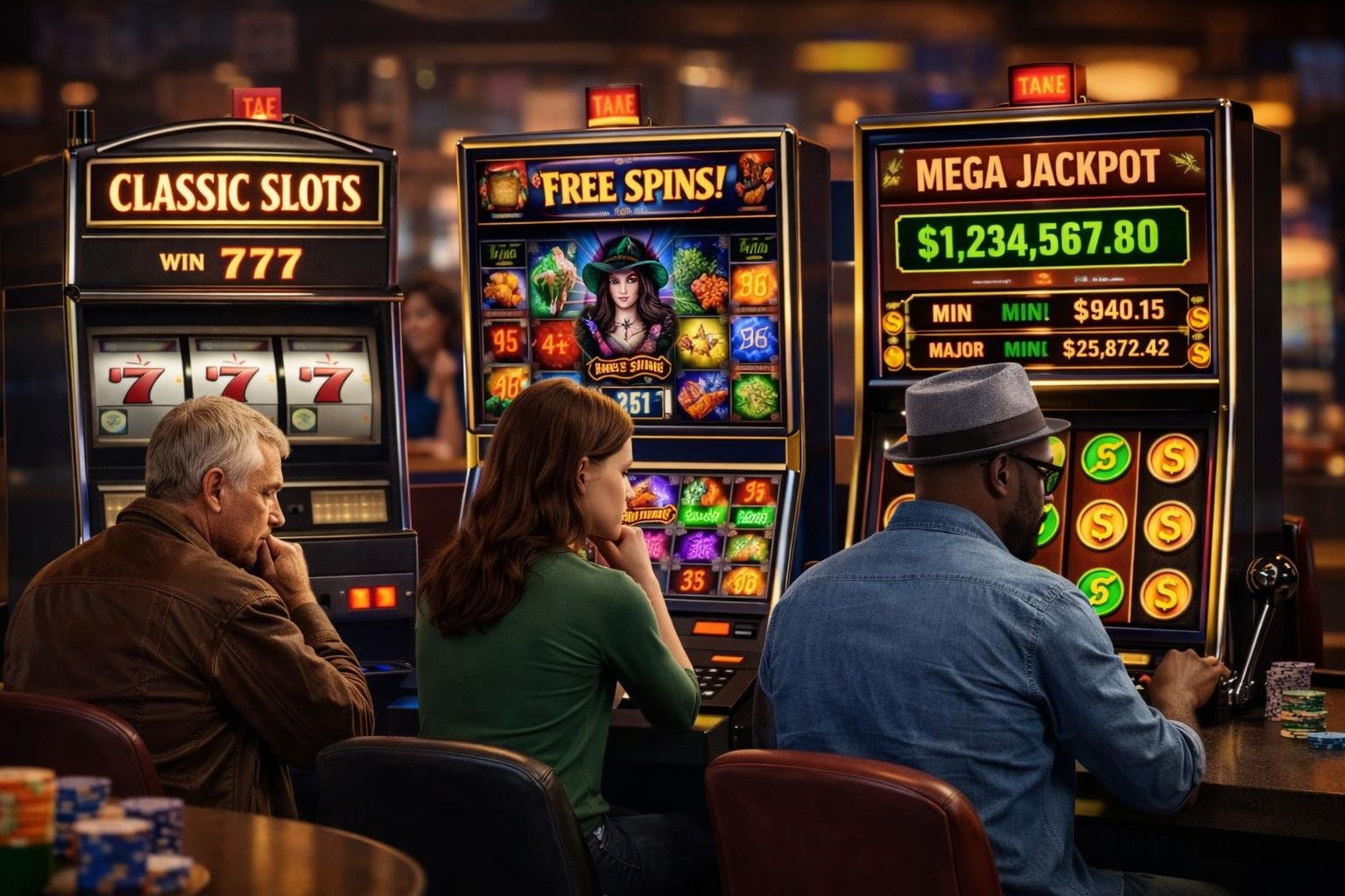 Two Slot Machines Side By Side, One Modern Video Slot With Digital Screens And One Classic Mechanical Slot With Fruit Symbols, Shown For Comparison.