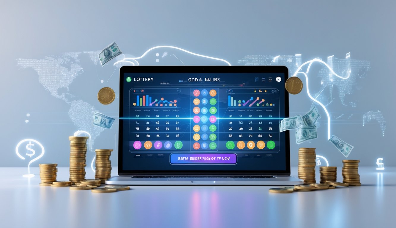 Sebuah laptop atau ponsel dengan layar menampilkan angka dan grafik taruhan, dikelilingi oleh tumpukan koin dan uang, menggambarkan konsep taruhan online angka ganjil dan genap.