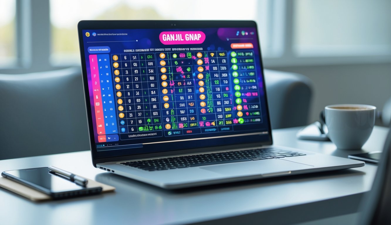 Seorang profesional sedang menggunakan laptop dengan tampilan antarmuka taruhan togel online, dikelilingi oleh smartphone, buku catatan, dan secangkir kopi di meja kerja.