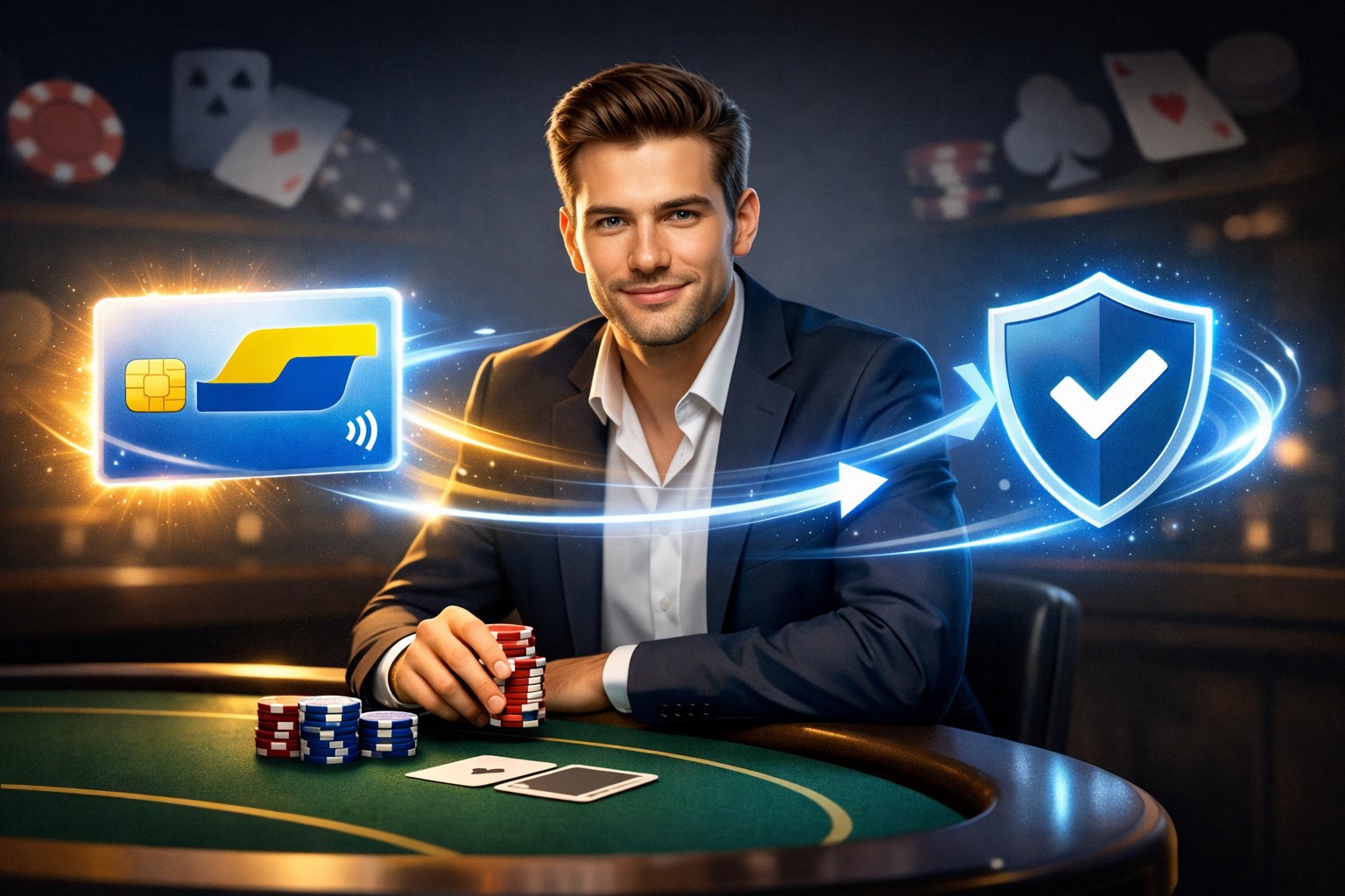 A Person At A Casino Table With Digital Icons Representing Secure And Fast Payments Using Bancontact.