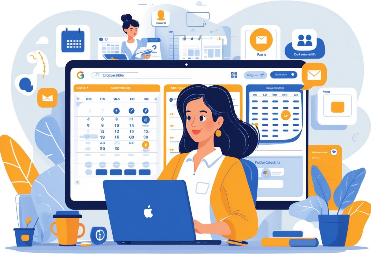 A mom working at a home office desk with a laptop, surrounded by icons representing scheduling and communication tools, balancing work and family.