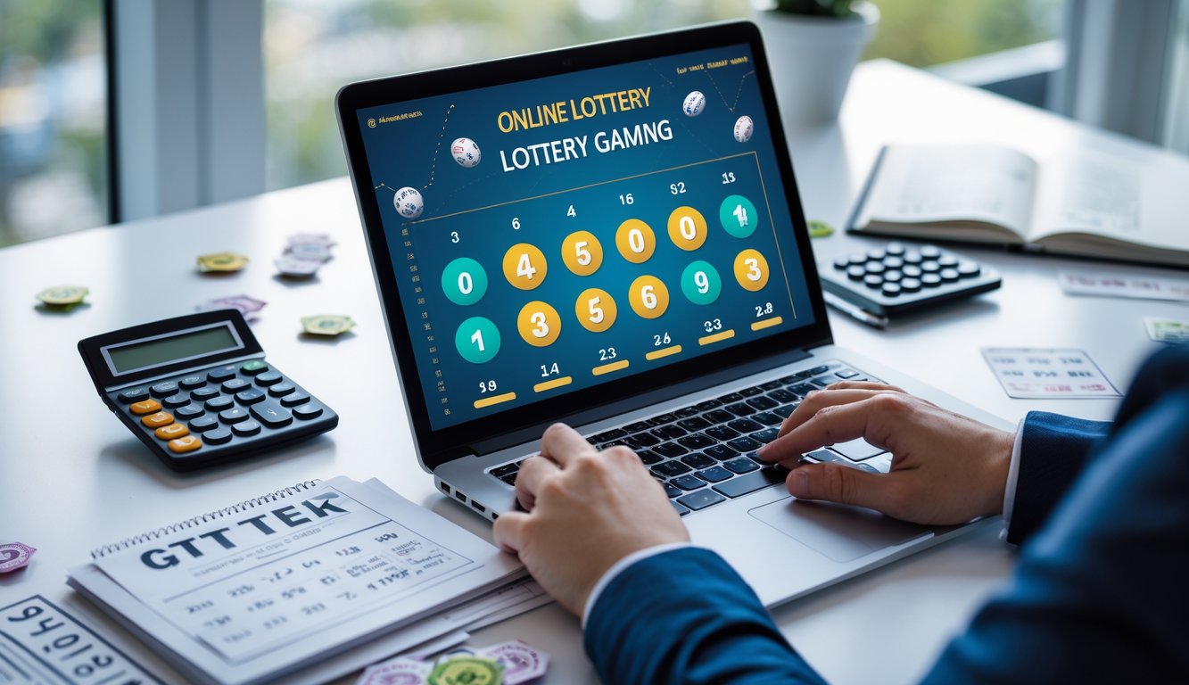 Meja kerja dengan laptop yang menampilkan antarmuka lotere online, tangan seseorang sedang menggunakan laptop, di sekitar terdapat tiket lotere, kalkulator, dan buku catatan.