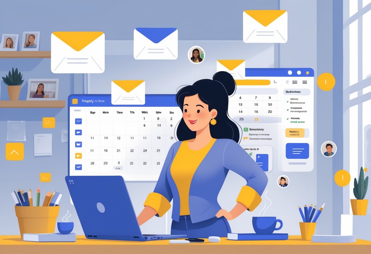 A mom working at her home office desk, managing her schedule and business on a laptop with digital calendars and task lists visible.