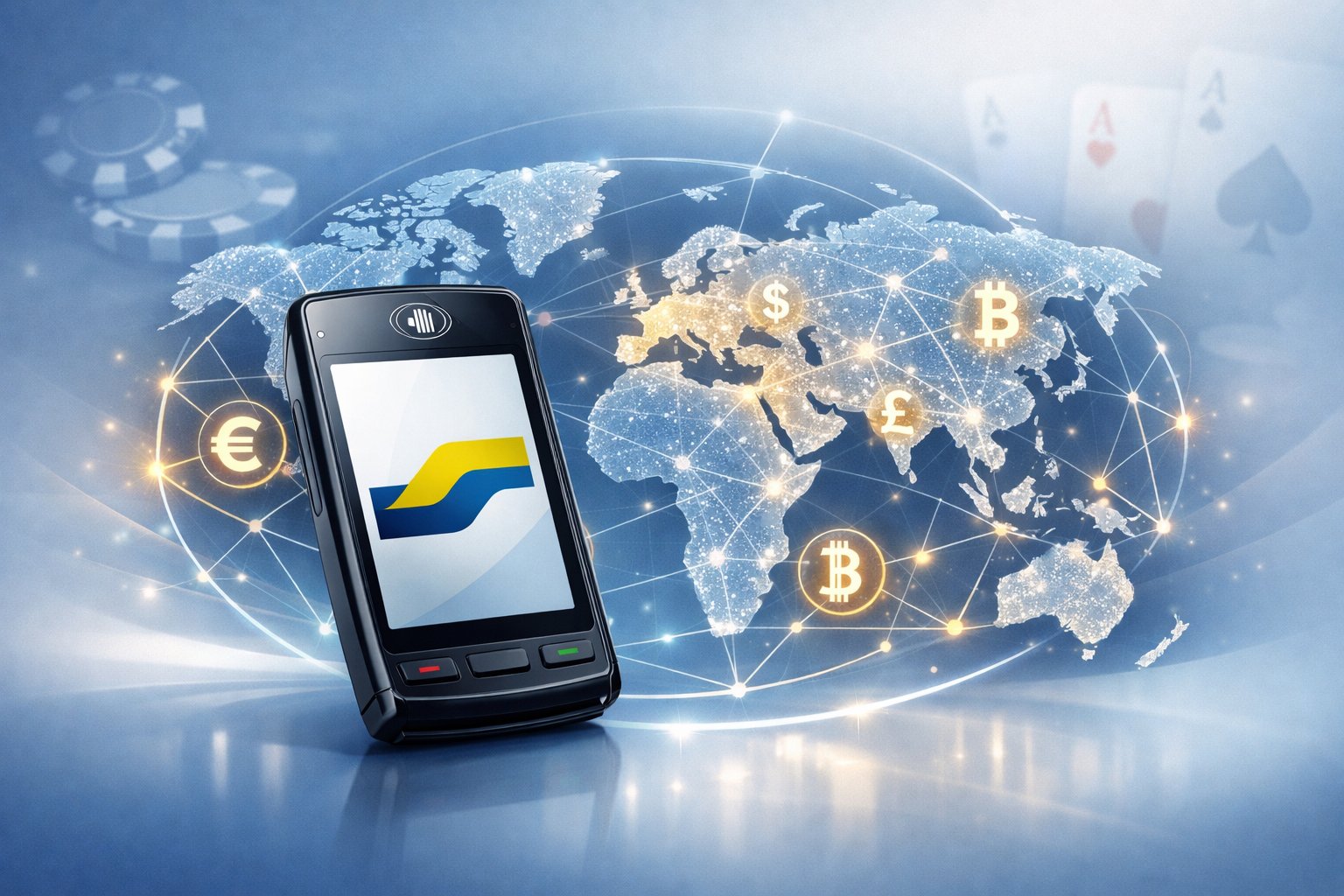 A Digital Payment Device Surrounded By A Glowing Global Network Map With Currency Symbols, Representing Worldwide Compatibility And Reach For A Casino Payment Method.