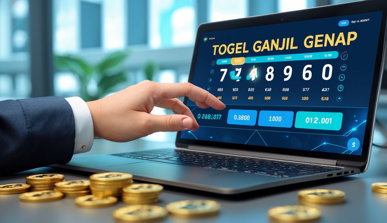 Seorang pengguna berinteraksi dengan perangkat digital yang menampilkan antarmuka lotere online dengan angka dan opsi taruhan, di meja kerja yang rapi dan terang.