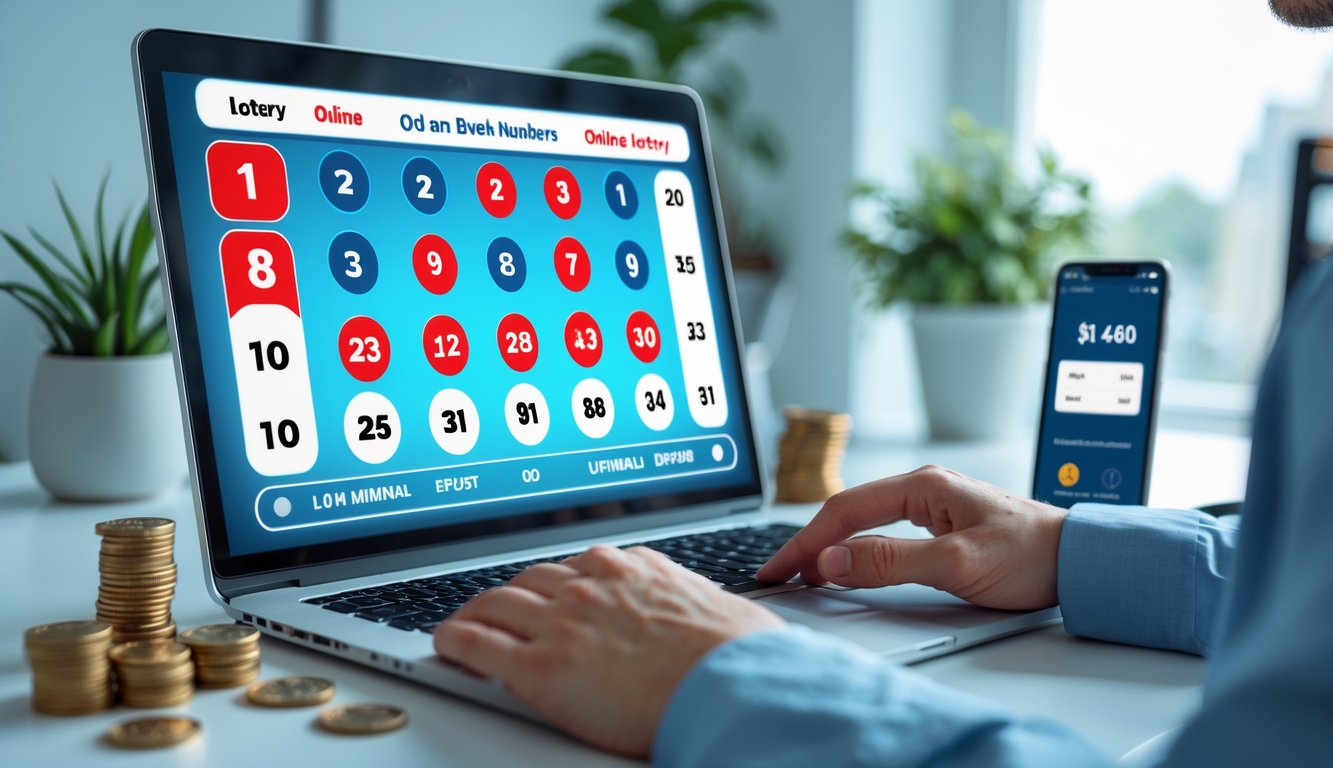 Seseorang menggunakan laptop di meja kerja dengan tampilan angka togel ganjil dan genap di layar, di sekitar terdapat tumpukan koin kecil dan ponsel yang menunjukkan aplikasi keuangan.