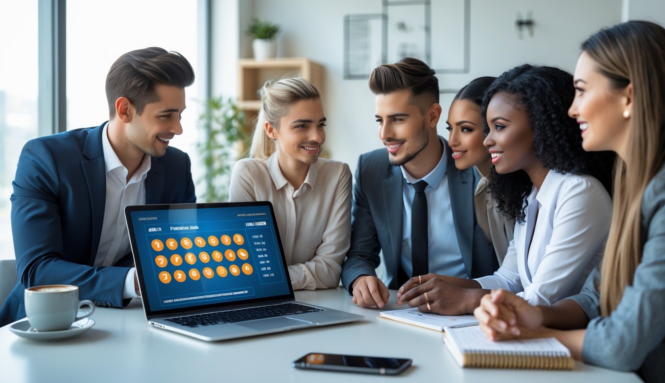 Sekelompok orang muda sedang berdiskusi di kantor modern dengan laptop yang menampilkan data angka, suasana terlihat profesional dan terpercaya.