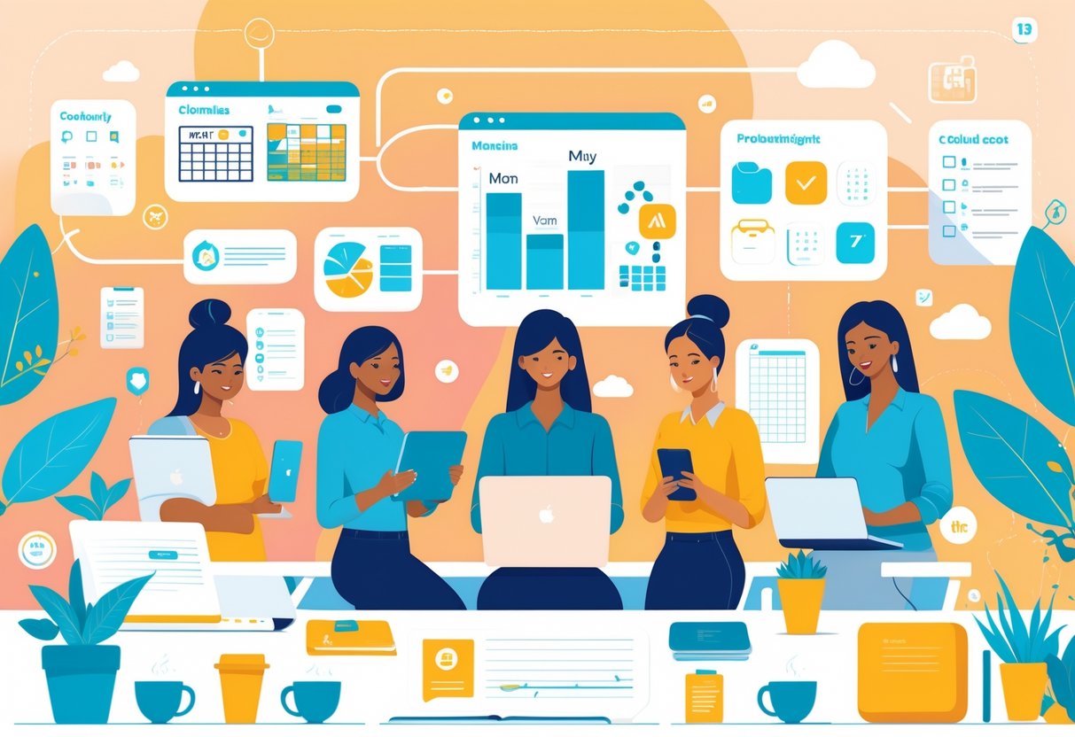 A group of diverse mom entrepreneurs working together in a modern office with laptops and digital tools around them.