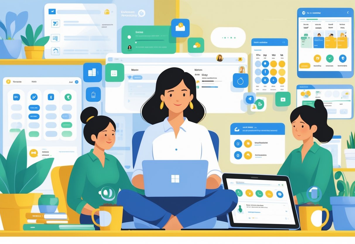 A mother working in a bright home office using a laptop and tablet surrounded by icons representing productivity tools.