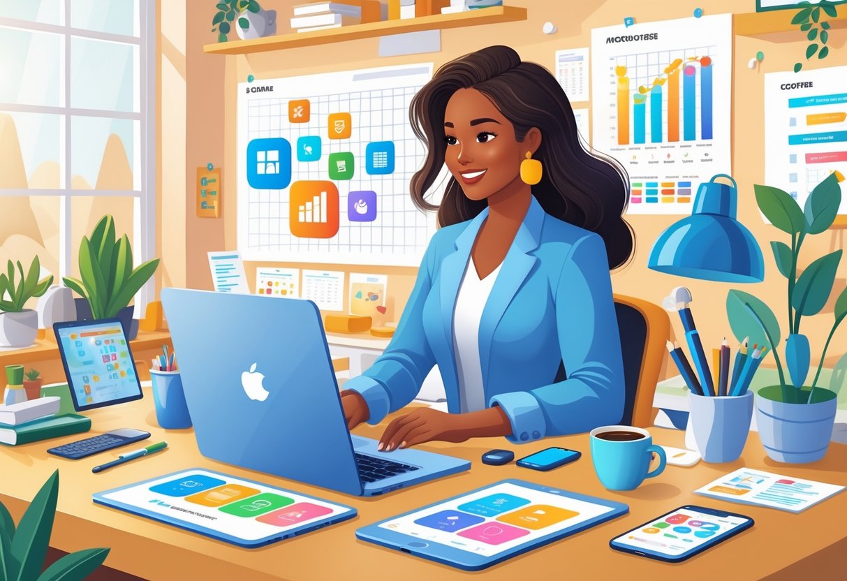 A mom entrepreneur working at a home office desk with a laptop and tablet, surrounded by productivity tool icons and business-related items.