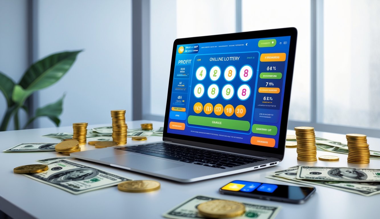 Meja kerja modern dengan laptop yang menampilkan antarmuka lotere online, uang tunai dan koin di sekitar, serta ponsel yang menunjukkan notifikasi diskon dan cashback.