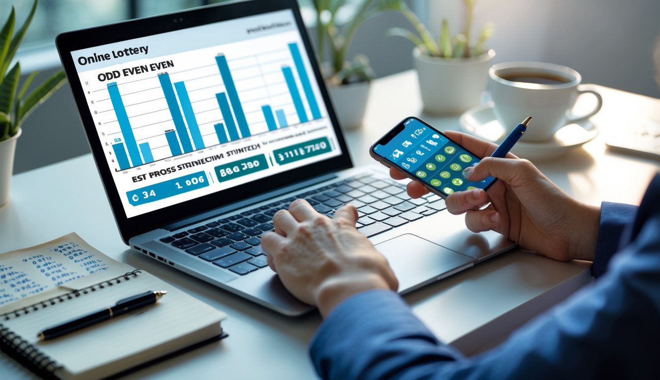 Meja kerja dengan laptop dan ponsel yang menampilkan data terkait strategi togel ganjil dan genap, dengan tangan seseorang yang sedang bekerja dan suasana fokus.