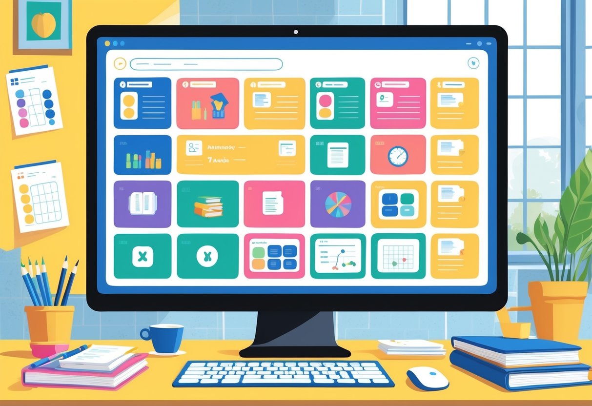 A workspace with a digital screen showing a Trello board organized into homeschooling and business task columns, surrounded by a laptop, notebooks, and a cup of coffee.